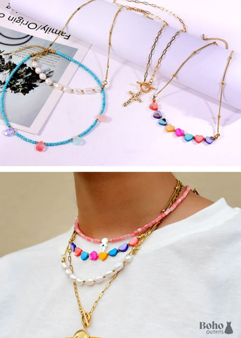 Boho Necklace, Seed Bead Choker, 2 Layers Cross & Shell